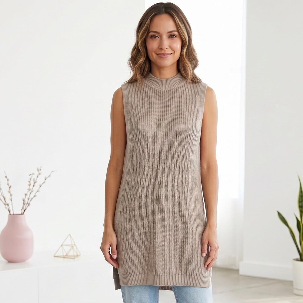H&M Sweater Vest Womens XS Beige Mock Neck Ribbed Knit Side Slits Longline Tan‎
